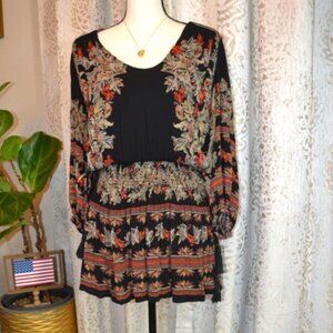Free People Moonlight Drive Black Smocked Mini Dress Long Sleeve Boho Chic -Sz M